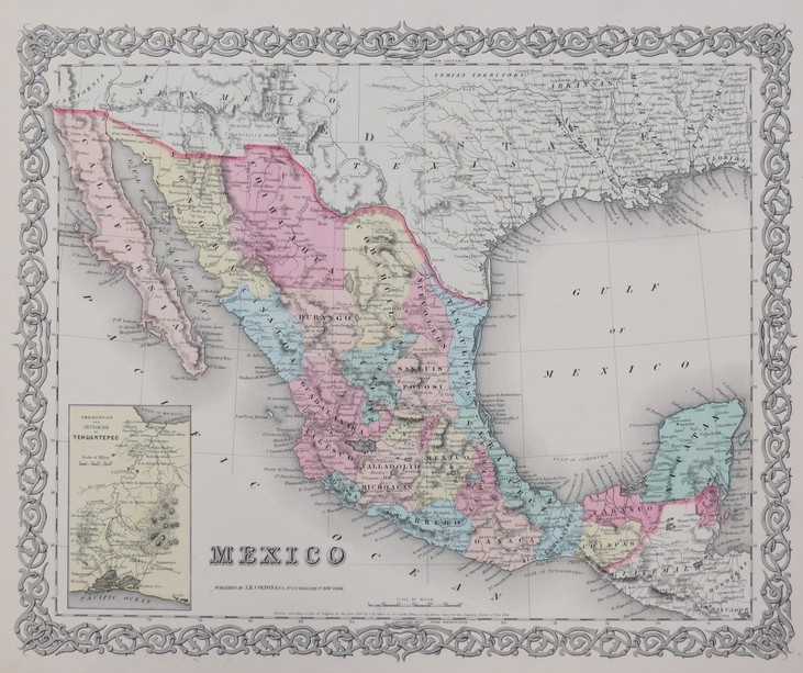 ORIGINAL 1854 COLTON'S HAND COLORED MAP OF THE UNITED STATES OF MEXICO