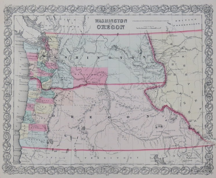 ORIGINAL 1853 COLTON'S HAND COLORED MAP OF WASHINGTON & OREGON TERRITORY