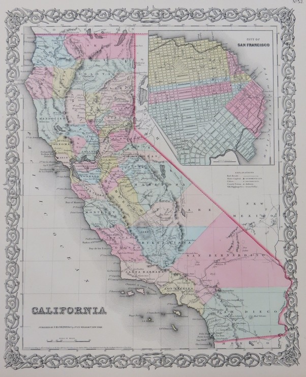 ORIGINAL 1855 COLTON'S HAND COLORED MAP OF CALIFORNIA