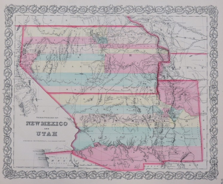 ORIGINAL 1855 COLTON'S HAND COLORED MAP OF NEW MEXICO & UTAH TERRITORY