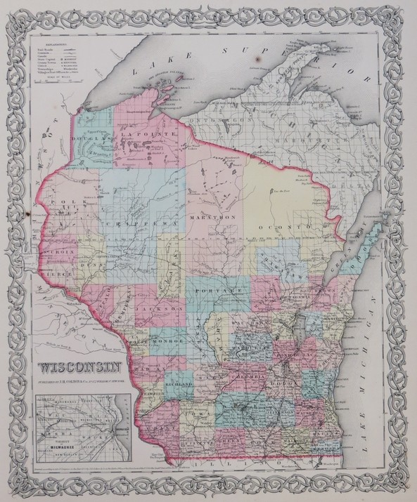 ORIGINAL 1855 COLTON'S HAND COLORED MAP OF WISCONSIN