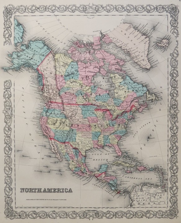 ORIGINAL 1855 COLTON'S HAND COLORED MAP OF NORTH AMERICA
