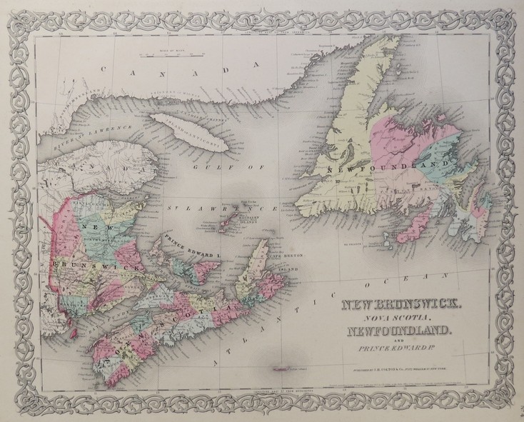ORIGINAL 1855 COLTON'S HAND COLORED MAP OF NEW BRUNSWICK, NOVA SCOTIA, NEWFOUNDLAND AND PRINCE EDWARD ISLAND