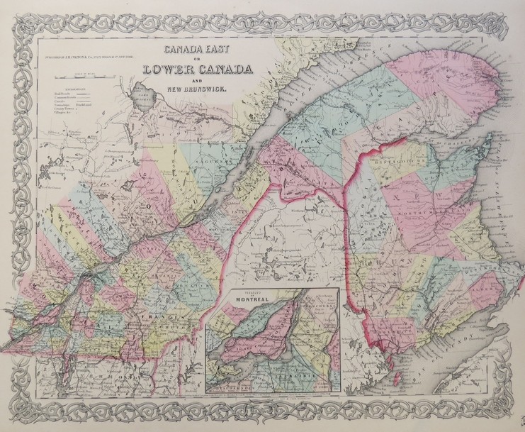 ORIGINAL 1855 COLTON'S HAND COLORED MAP OF CANADA EAST OR LOWER CANADA AND NEW BRUNSWICK & MONTREAL