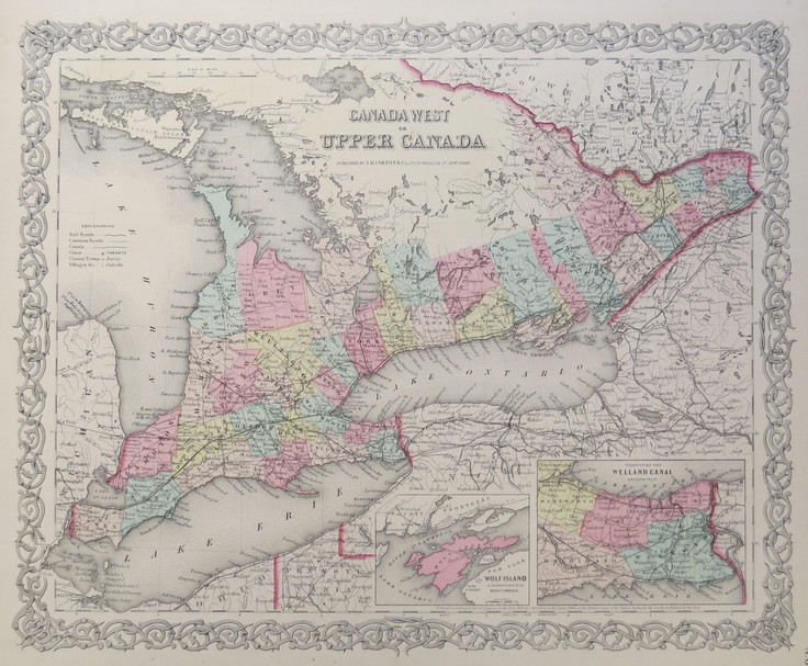 ORIGINAL 1855 COLTON'S HAND COLORED MAP OF CANADA WEST OR UPPER CANADA