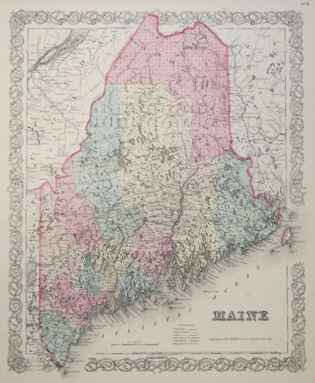 ORIGINAL 1855 COLTON'S HAND COLORED MAP OF MAINE