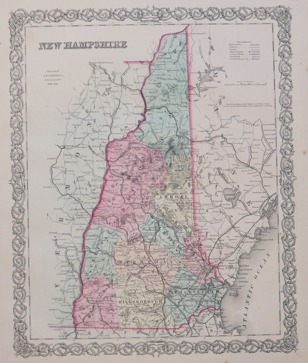 ORIGINAL 1855 COLTON'S HAND COLORED MAP OF NEW HAMPSHIRE