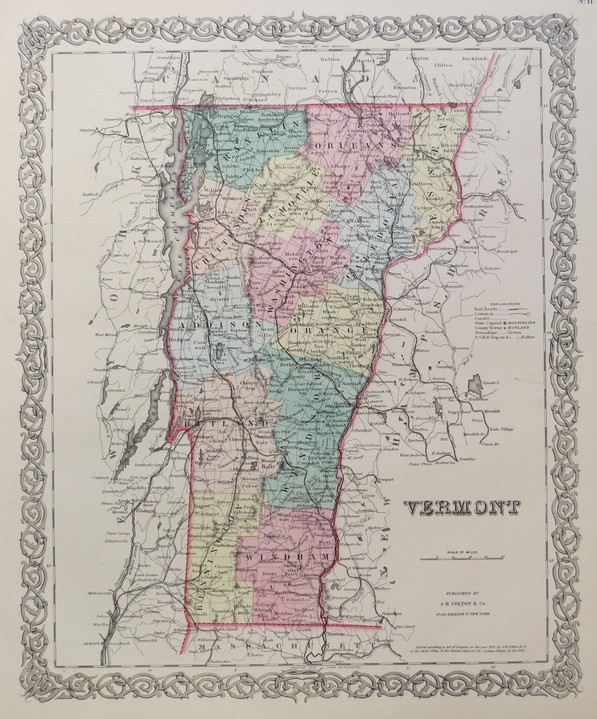 ORIGINAL 1855 COLTON'S HAND COLORED MAP OF VERMONT