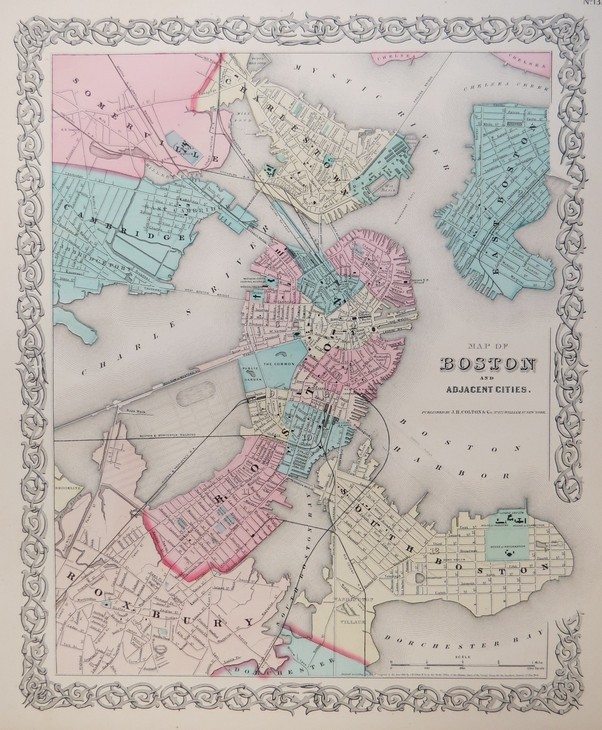 ORIGINAL 1855 COLTON'S HAND COLORED MAP OF BOSTON AND ADJACENT CITIES