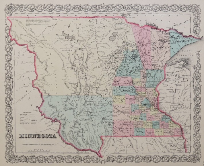 ORIGINAL 1855 COLTON'S HAND COLORED MAP OF MINNESOTA