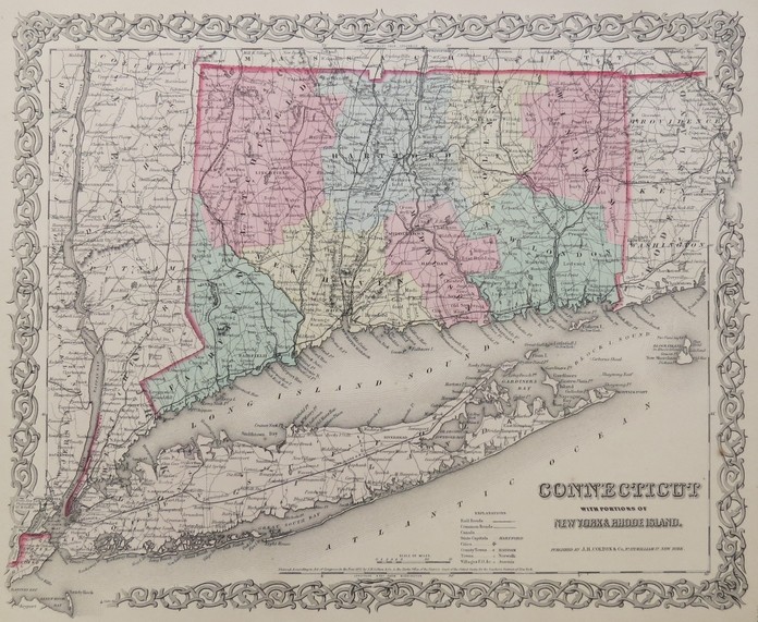 ORIGINAL 1855 COLTON'S HAND COLORED MAP OF CONNECTICUT