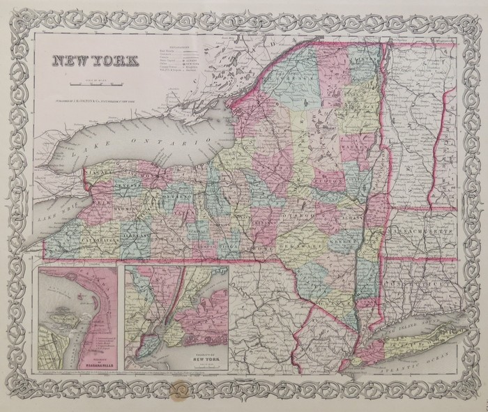 ORIGINAL 1855 COLTON'S HAND COLORED MAP OF NEW YORK