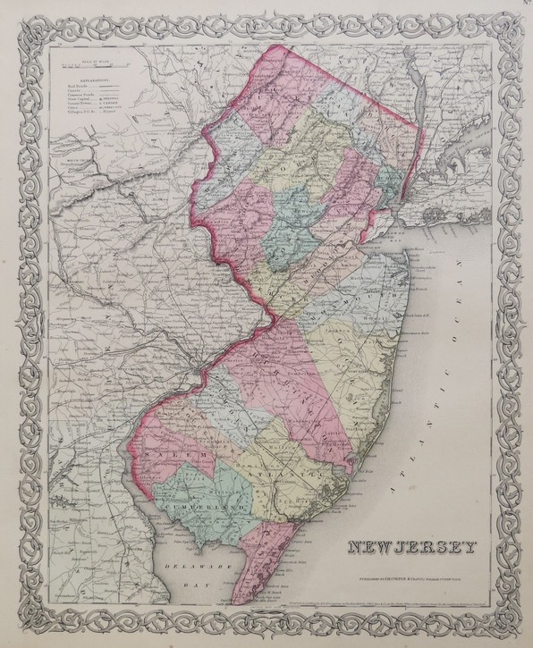 ORIGINAL 1855 COLTON'S HAND COLORED MAP OF NEW JERSEY
