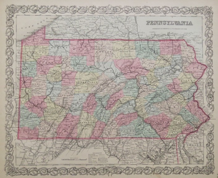 ORIGINAL 1855 COLTON'S HAND COLORED MAP OF PENNSYLVANIA