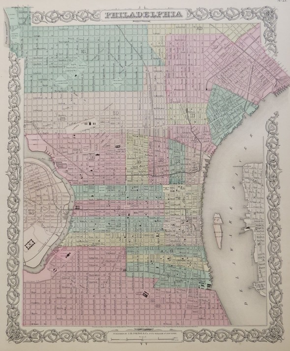 ORIGINAL 1855 COLTON'S HAND COLORED MAP OF PHILADELPHIA