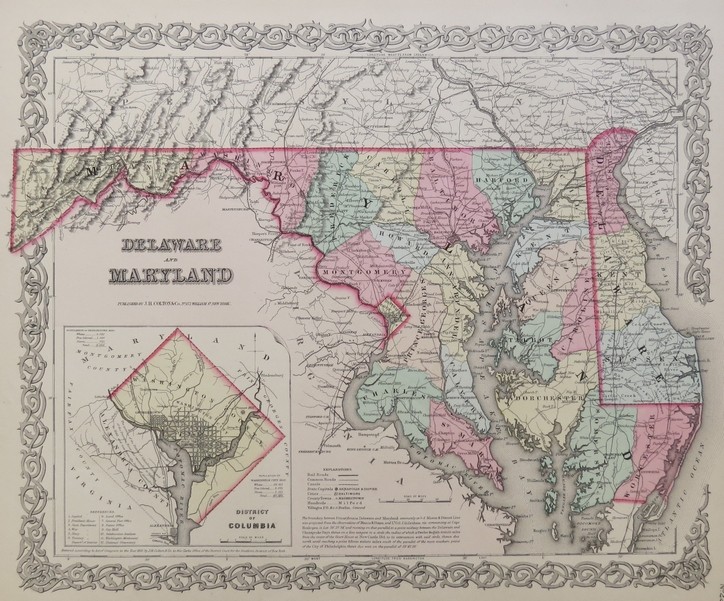 ORIGINAL 1855 COLTON'S HAND COLORED MAP OF DELAWARE AND MARYLAND