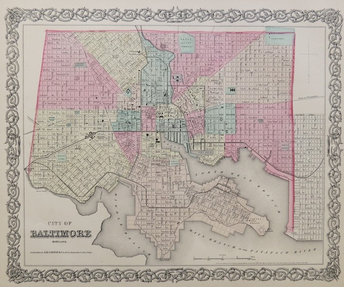 ORIGINAL 1855 COLTON'S HAND COLORED MAP OF BALTIMORE MARYLAND