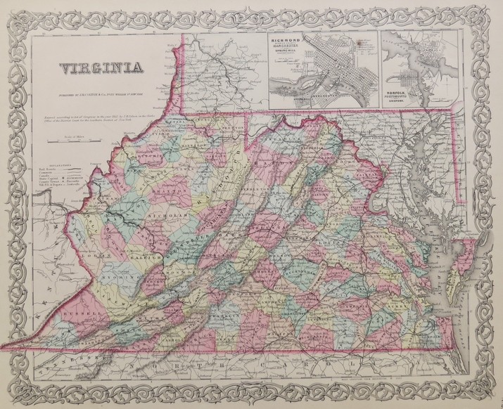 ORIGINAL 1855 COLTON'S HAND COLORED MAP OF VIRGINIA