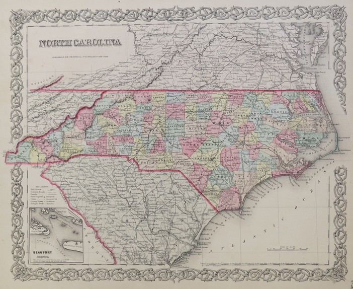 ORIGINAL 1855 COLTON'S HAND COLORED MAP OF NORTH CAROLINA