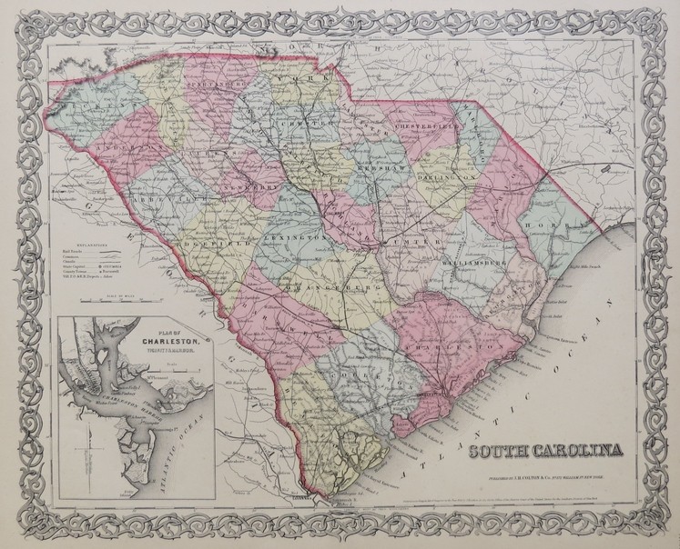 ORIGINAL 1855 COLTON'S HAND COLORED MAP OF SOUTH CAROLINA