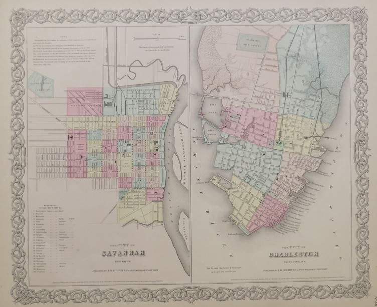 ORIGINAL 1855 COLTON'S HAND COLORED MAP OF SAVANNAH & CHARLESTON