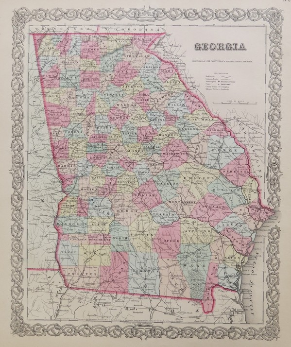 ORIGINAL 1855 COLTON'S HAND COLORED MAP OF GEORGIA