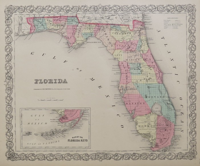 ORIGINAL 1855 COLTON'S HAND COLORED MAP OF FLORIDA