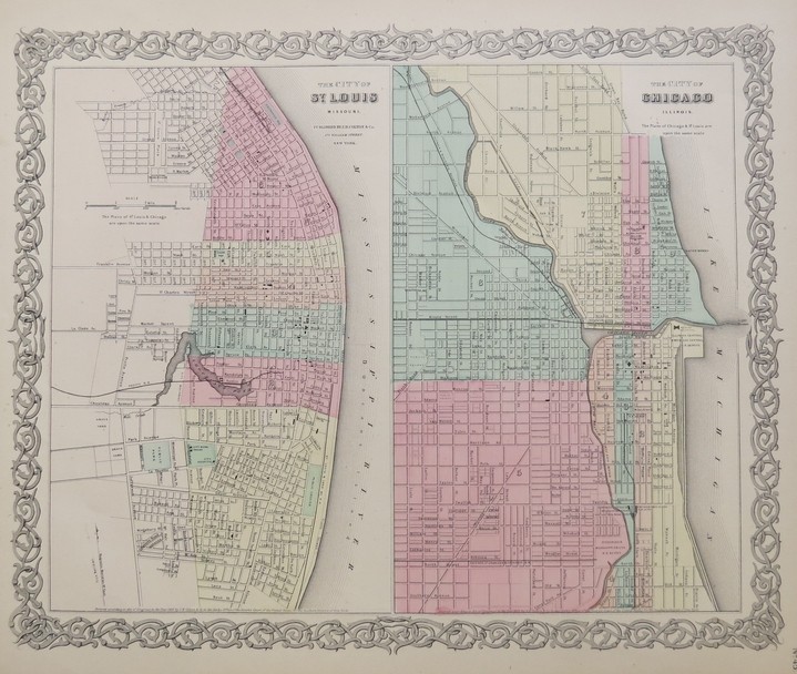 ORIGINAL 1855 COLTON'S HAND COLORED MAP OF CHICAGO AND ST. LOUIS