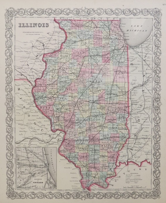 ORIGINAL 1855 COLTON'S HAND COLORED MAP OF ILLINOIS