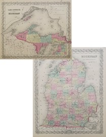 ORIGINAL 1855 COLTON'S HAND COLORED MAPS OF MICHIGAN & NORTHERN MICHIGAN UPPER PENINSULA