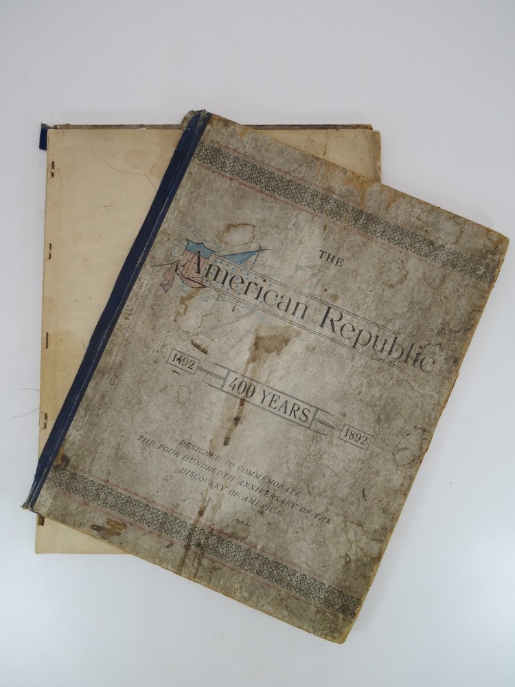 THE AMERICAN REPUBLIC (WORLD'S COLUMBIAN EXPOSITION) ATLAS Discovery--Settlement--Wars--Independence--Constitution--Dissension--Secess iom-Peace. 1492----400 Years----1892. Official Maps in Colors of Every State and Territory.showing all Railroads, Post Offices, Etc. .