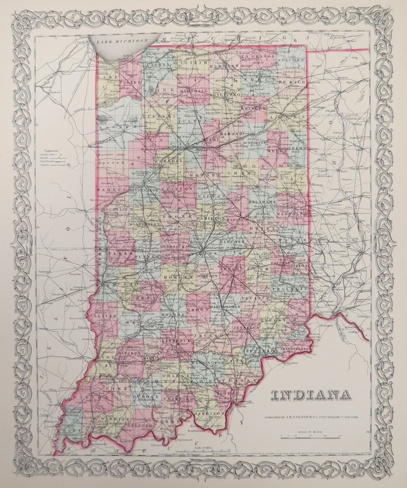 ORIGINAL 1855 COLTON'S HAND COLORED MAP OF INDIANA