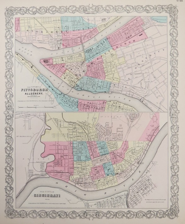 ORIGINAL 1855 COLTON'S HAND COLORED MAP OF PITTSBURGH AND CINCINNATI