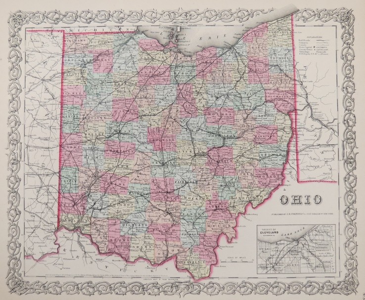 ORIGINAL 1855 COLTON'S HAND COLORED MAP OF OHIO