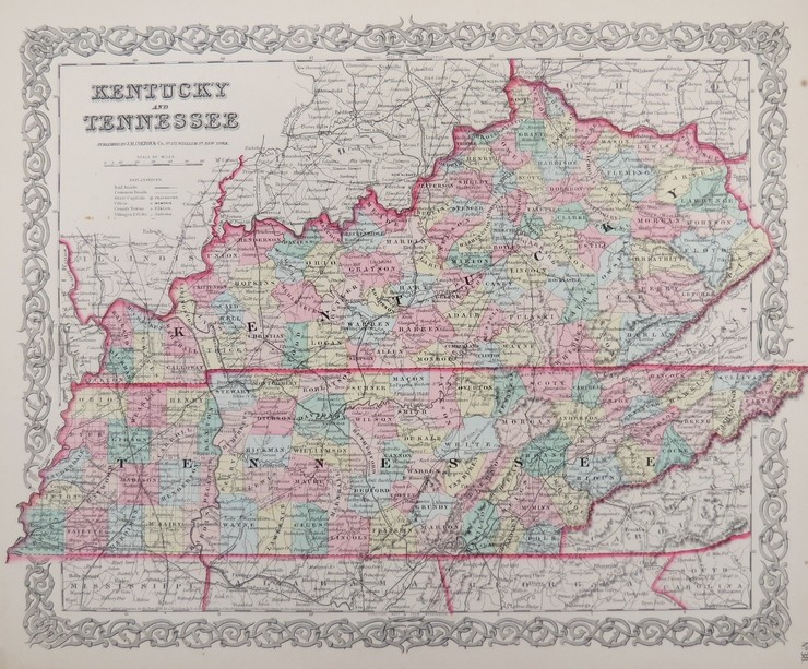 ORIGINAL 1855 COLTON'S HAND COLORED MAP OF KENTUCKY AND TENNESSEE
