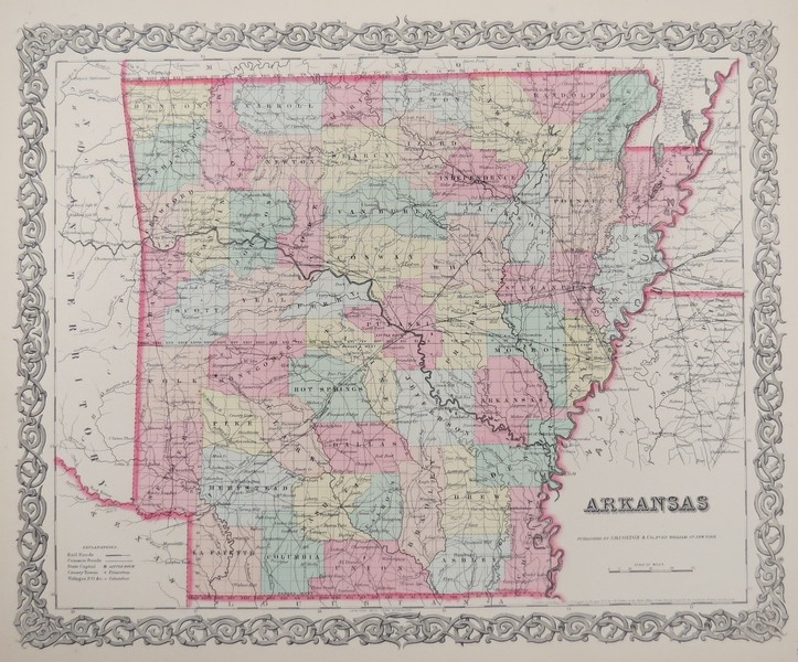 ORIGINAL 1855 COLTON'S HAND COLORED MAP OF ARKANSAS