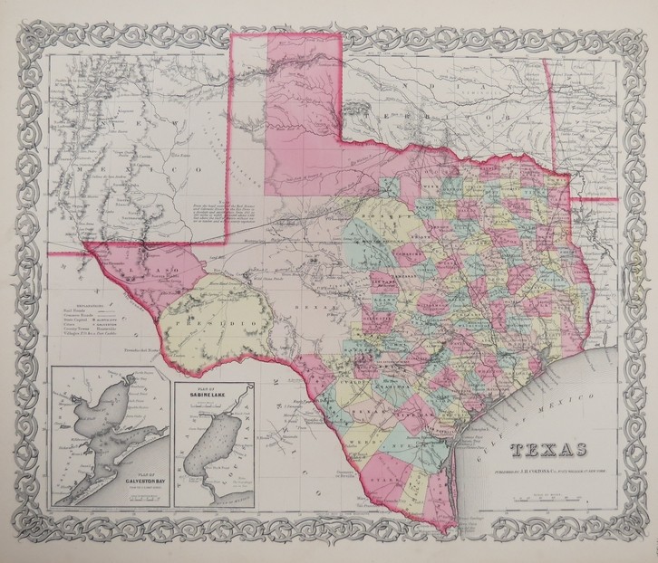 ORIGINAL 1855 COLTON'S HAND COLORED MAP OF TEXAS