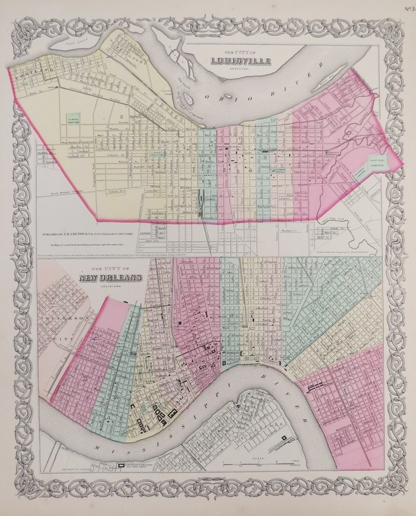ORIGINAL 1855 COLTON'S HAND COLORED MAP OF THE CITY OF LOUISVILLE AND NEW ORLEANS