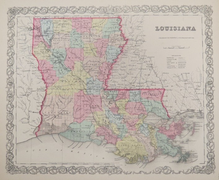ORIGINAL 1855 COLTON'S HAND COLORED MAP OF LOUISIANA
