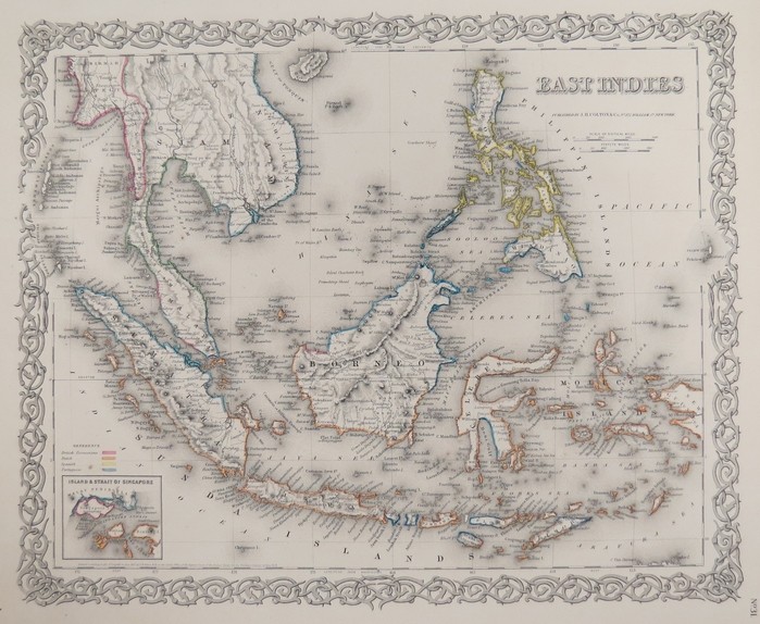 ORIGINAL 1855 COLTON'S HAND COLORED MAP OF EAST INDIES