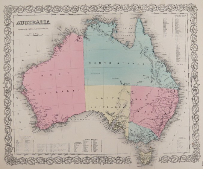 ORIGINAL 1855 COLTON'S HAND COLORED MAP OF AUSTRALIA