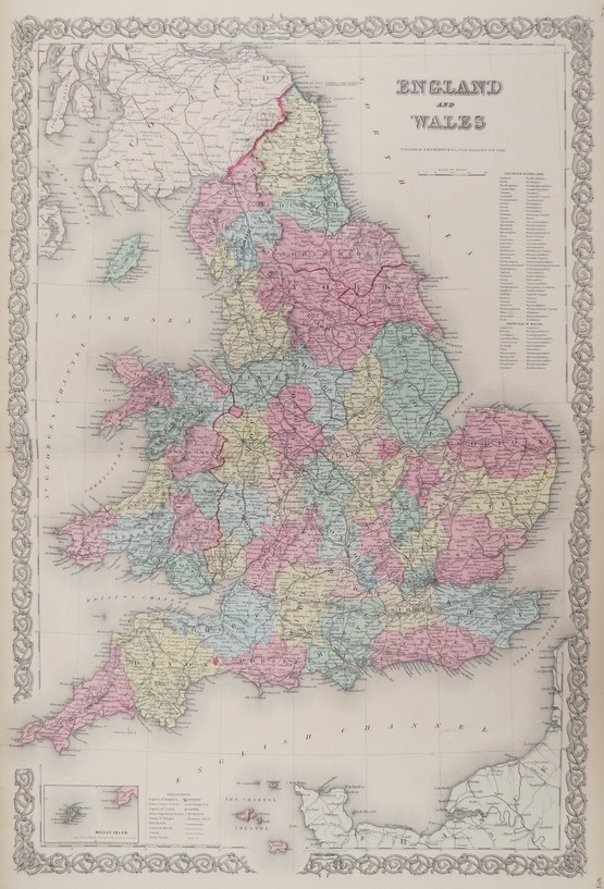 ORIGINAL 1855 COLTON'S HAND COLORED MAP OF ENGLAND AND WALES