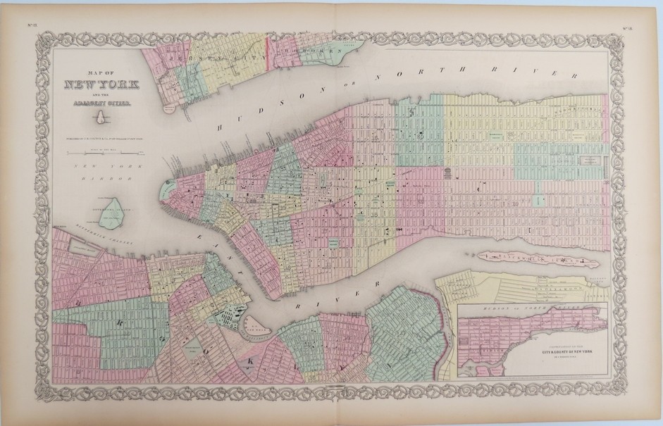 ORIGINAL 1855 COLTON'S HAND COLORED MAP OF NEW YORK & ADJACENT CITIES