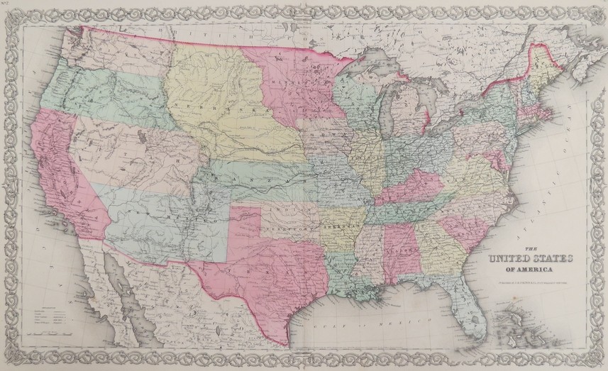 ORIGINAL 1855 COLTON'S HAND COLORED MAP OF THE UNITED STATES