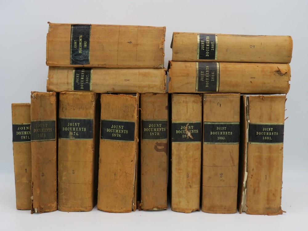 JOINT DOCUMENTS OF THE STATE OF MICHIGAN FOR THE YEARS 1871 TO 1892 (12 VOLUMES) Includes: Message of Charles M. Croswell, Governor; Annual Report of Auditor; Annual Report of Commissioner State Land Office; Report State Swamp Land Commissioner; Report. Michigan State Fisheries; and Several More