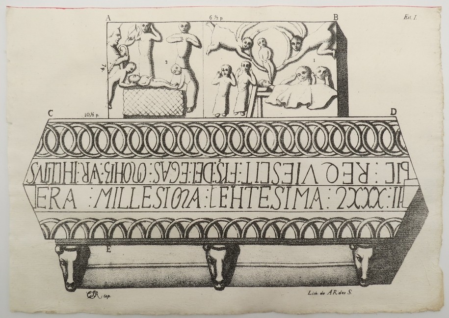 19TH C. LITHOGRAPH 17TH CENTURY BURIAL WITH LATIN TEXT