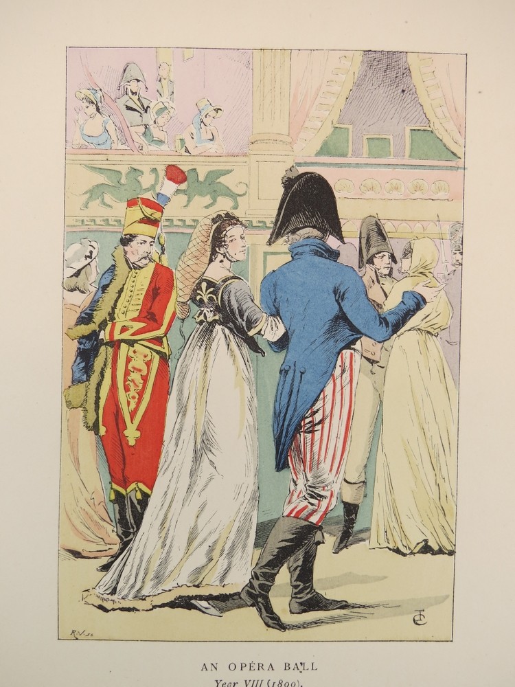1898 ANTIQUE PARIS FASHION COLOR LITHO PRINT AN OPERA BALL IN THE YEAR 1800