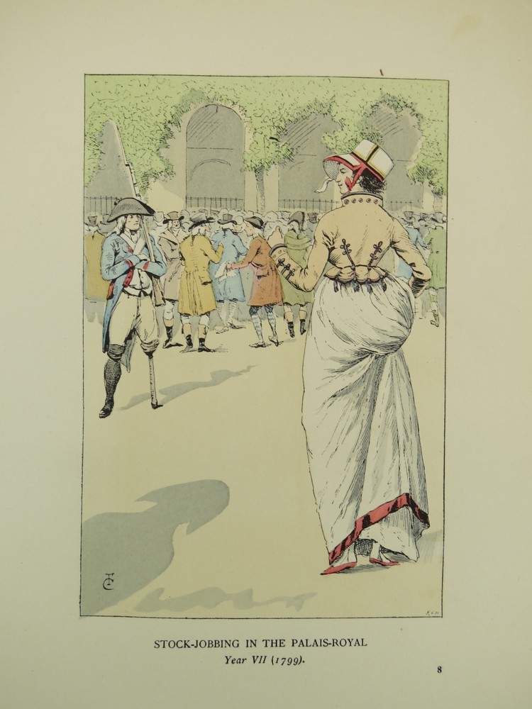 1898 ANTIQUE PARIS FASHION COLOR LITHO PRINT IN THE PALAIS-ROYAL IN THE YEAR 1799