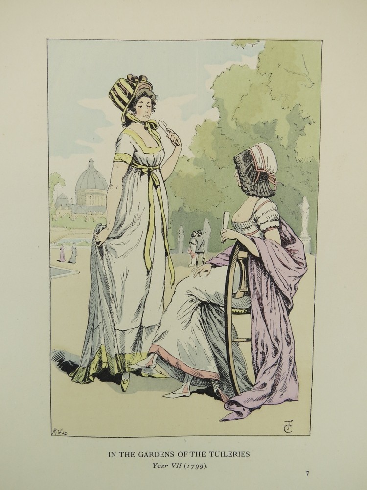 1898 ANTIQUE PARIS FASHION COLOR LITHO PRINT IN THE GARDENS OF THE TUILERIES IN 1799