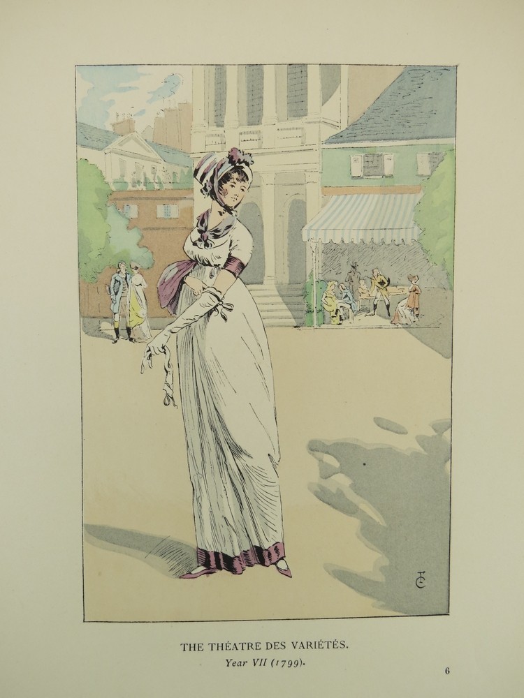 1898 ANTIQUE PARIS FASHION COLOR LITHO PRINT THE THEATRE DES VARIETIES IN 1799